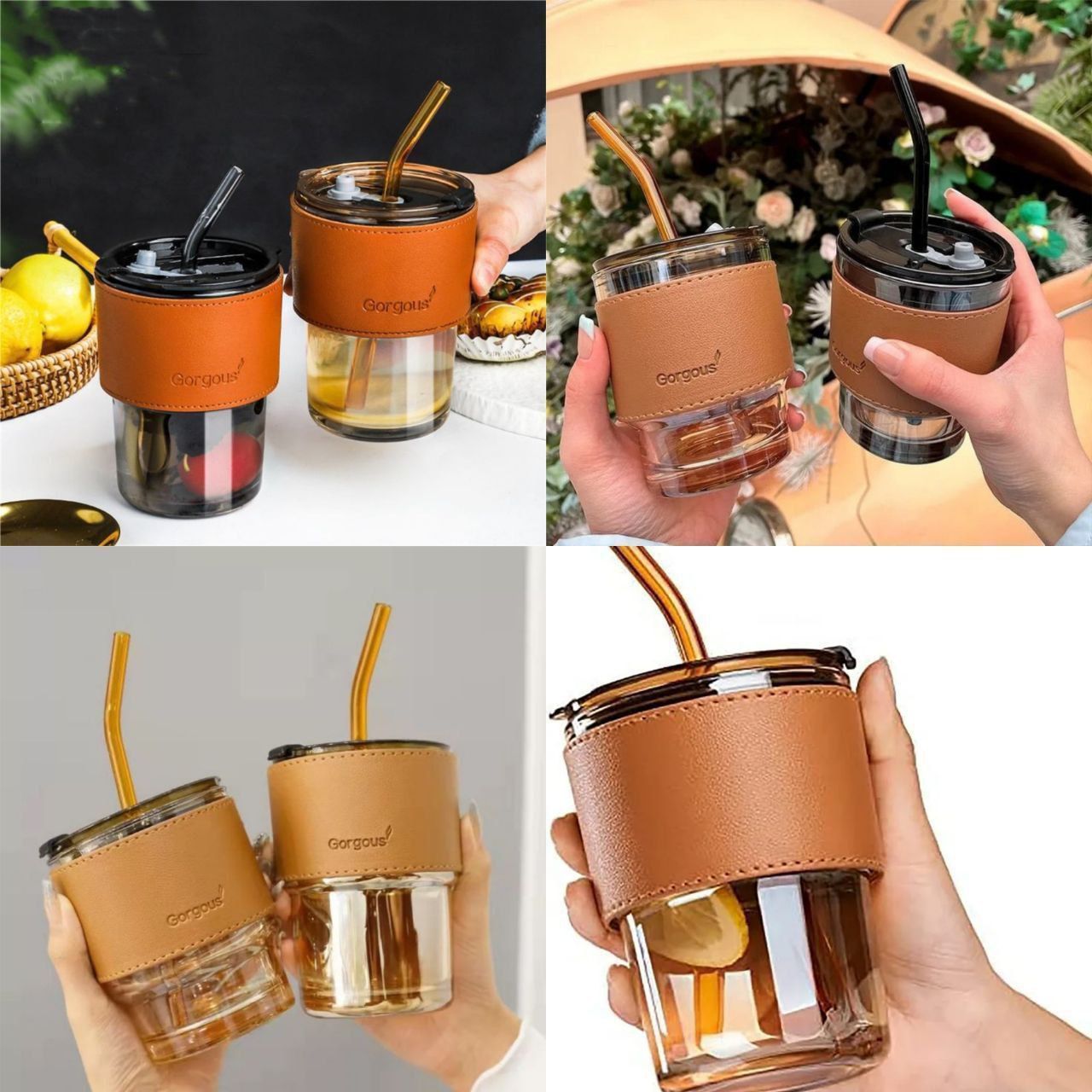 Leather sleeve glass sipper for eco friendly hydration